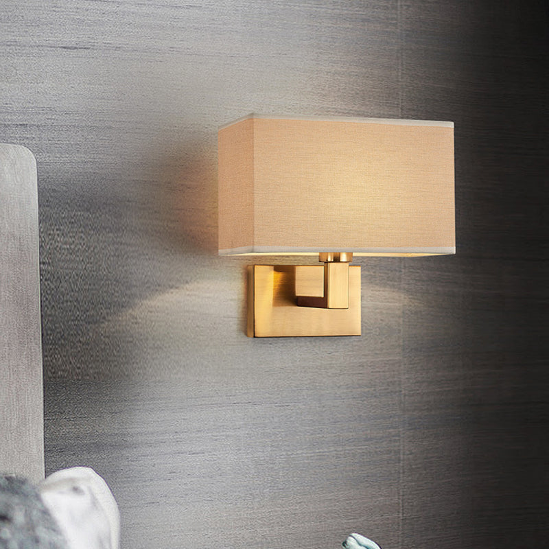 Postmodern Cuboid Sconce Lamp Fabric 1-Light Bedside Reading Wall Light in White/Beige/Brown with Black/Gold Arm | Stornfield