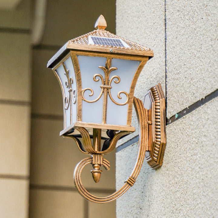 Stornfield | Frosted Glass Curved Wall Lantern Traditional Solar LED Patio Wall Light Small/Large in Black/Brass