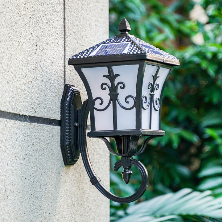 Stornfield | Frosted Glass Curved Wall Lantern Traditional Solar LED Patio Wall Light Small/Large in Black/Brass