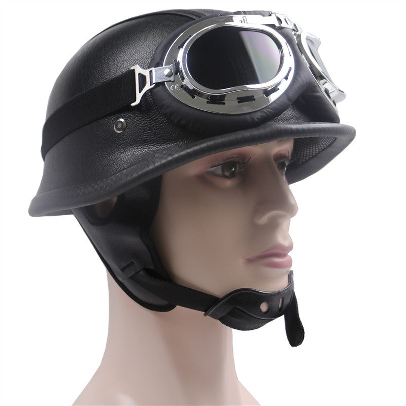 Vintage Leather Motorcycle Helmet with Chrome Goggles Stornfield