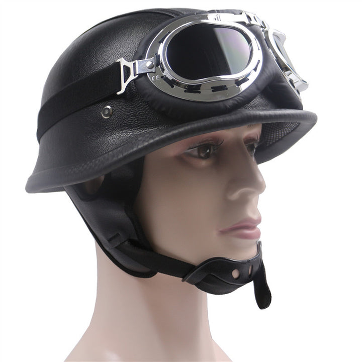 Vintage Leather Motorcycle Helmet with Chrome Goggles Stornfield