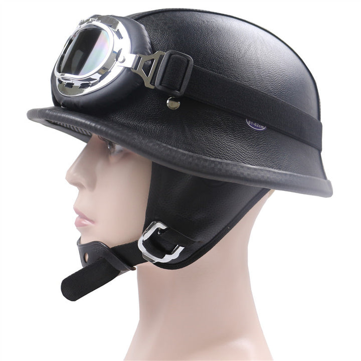 Vintage Leather Motorcycle Helmet with Chrome Goggles Stornfield