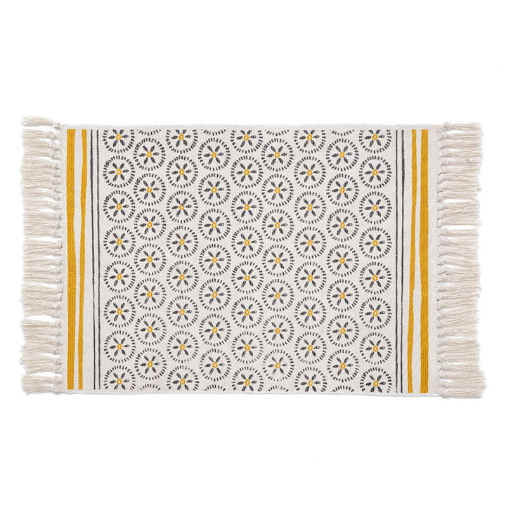 Flat woven cotton runner with fringes and graphic medallion pattern