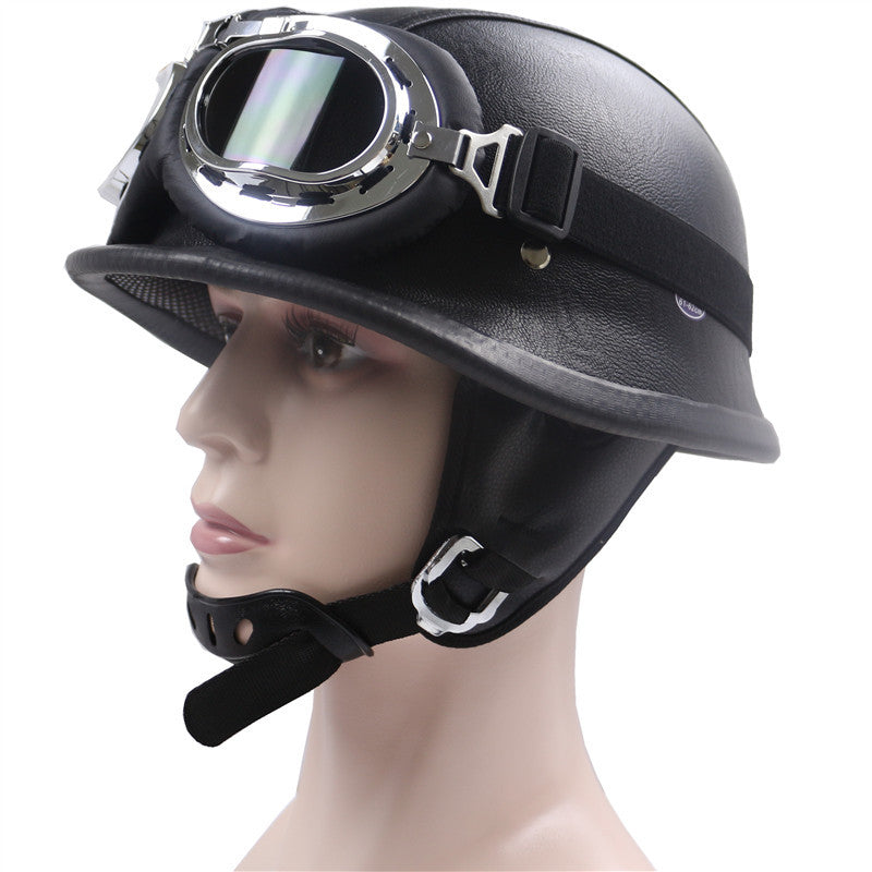 Vintage Leather Motorcycle Helmet with Chrome Goggles Stornfield
