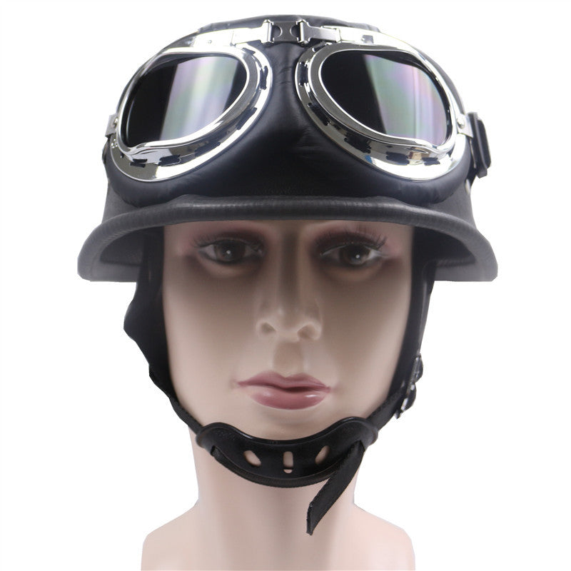 Vintage Leather Motorcycle Helmet with Chrome Goggles Stornfield