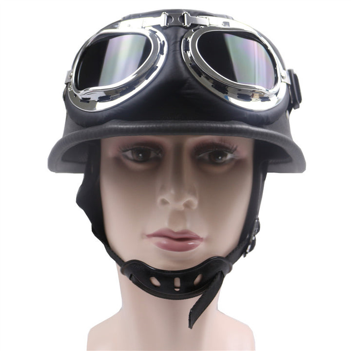 Vintage Leather Motorcycle Helmet with Chrome Goggles Stornfield