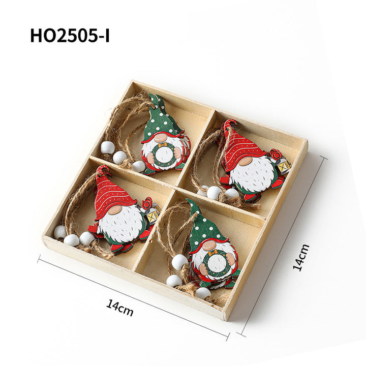 Christmas wooden pendant set, 4-piece box with gnome motifs