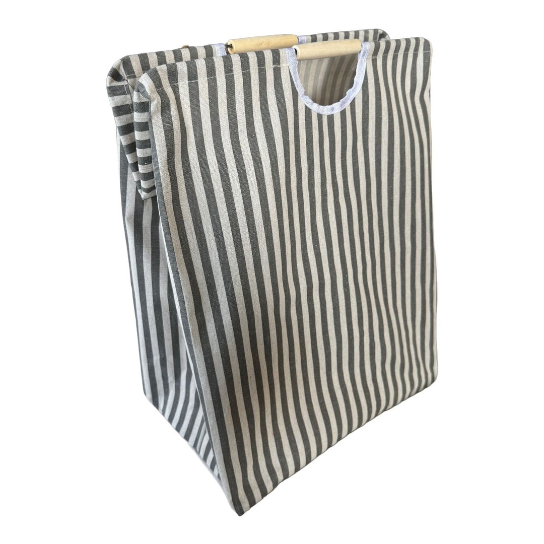 Collapsible laundry basket, cotton-linen, with wooden handles