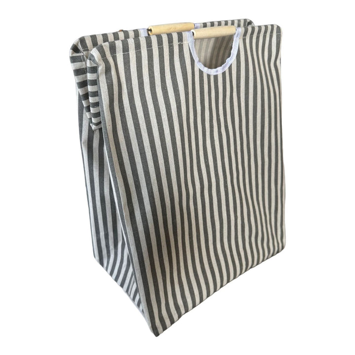 Collapsible laundry basket, cotton-linen, with wooden handles