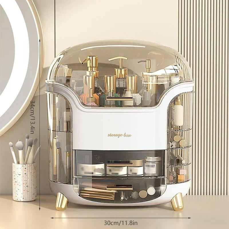 Luxury Transparent Makeup Organizer with Rotating Doors and Drawers | Stornfield