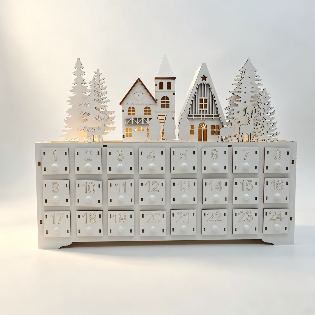 Wooden Advent Calendar, Village Design, 24 Compartments
