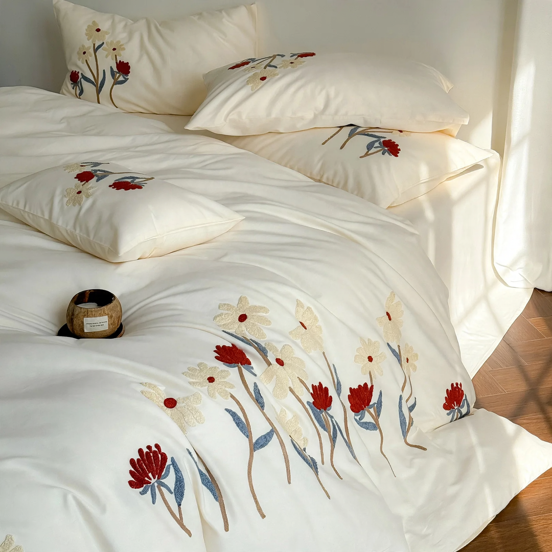 Cotton bedding set, embroidered, brushed, 4-piece