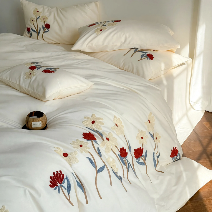 Cotton bedding set, embroidered, brushed, 4-piece