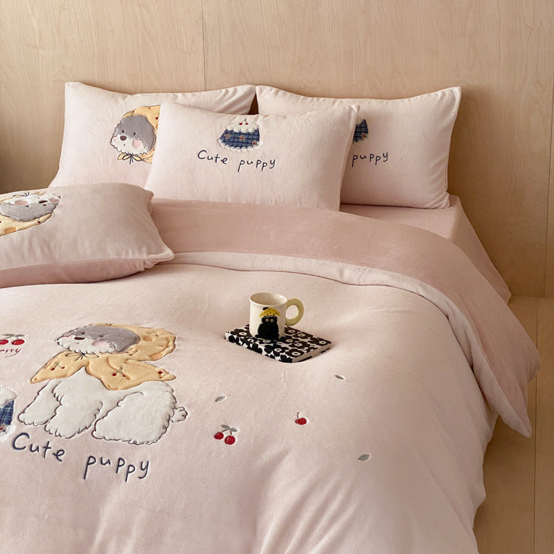 Milk fiber fleece bedding set, cartoon design, warm