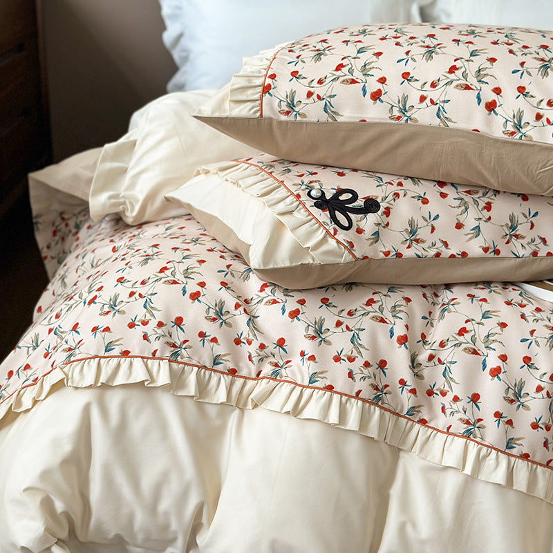 French cotton bedding set, brushed, with floral pattern