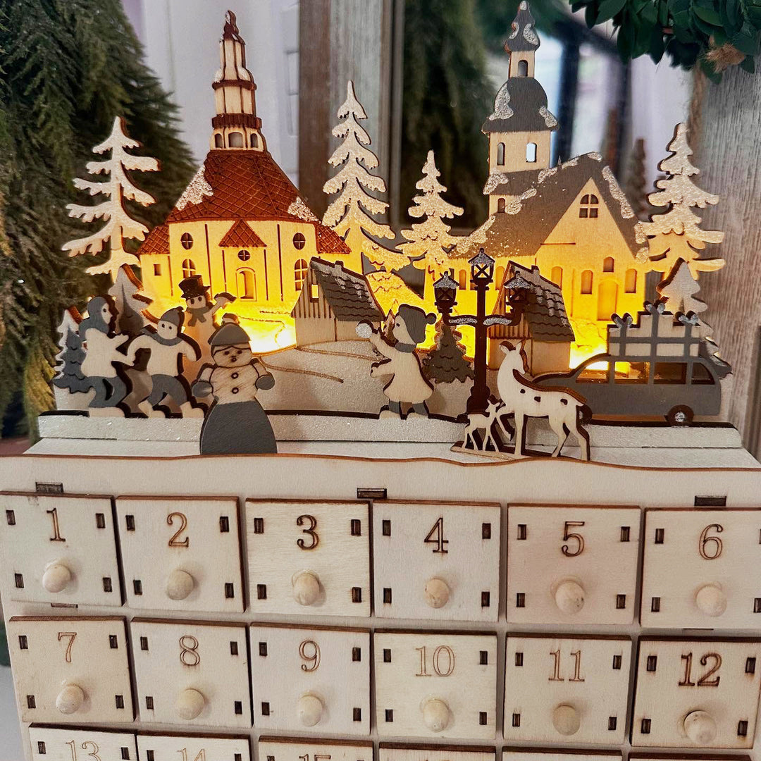 Christmas Advent calendar made of wood with 24 drawers