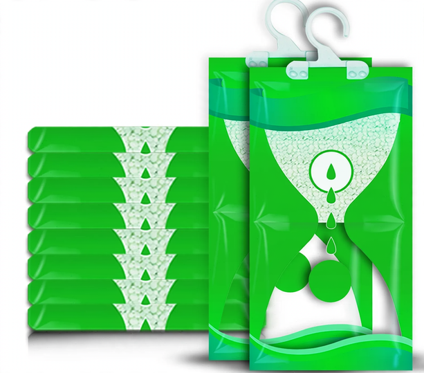 Hanging dehumidifying bag against moisture