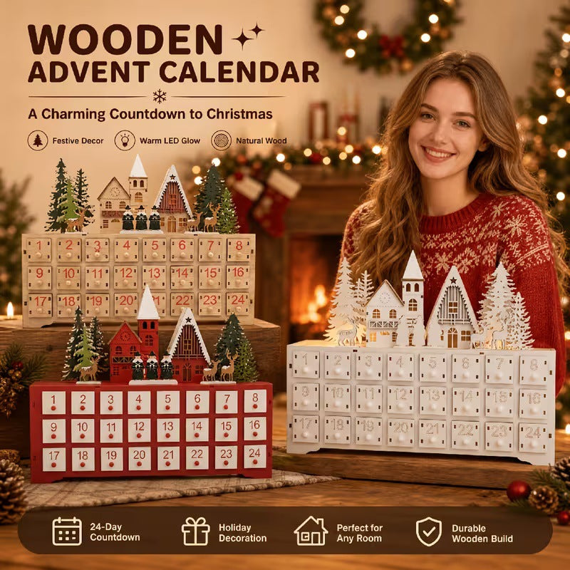 Illuminated wooden Advent calendar in village design