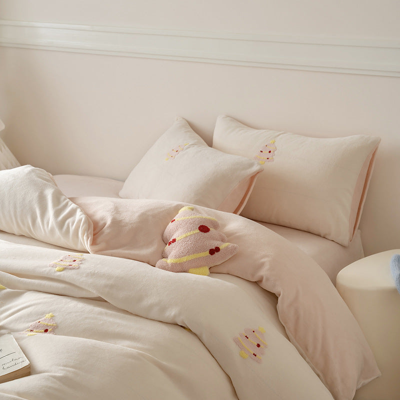 Cartoon-milk fiber bedding set, 4-piece, warming