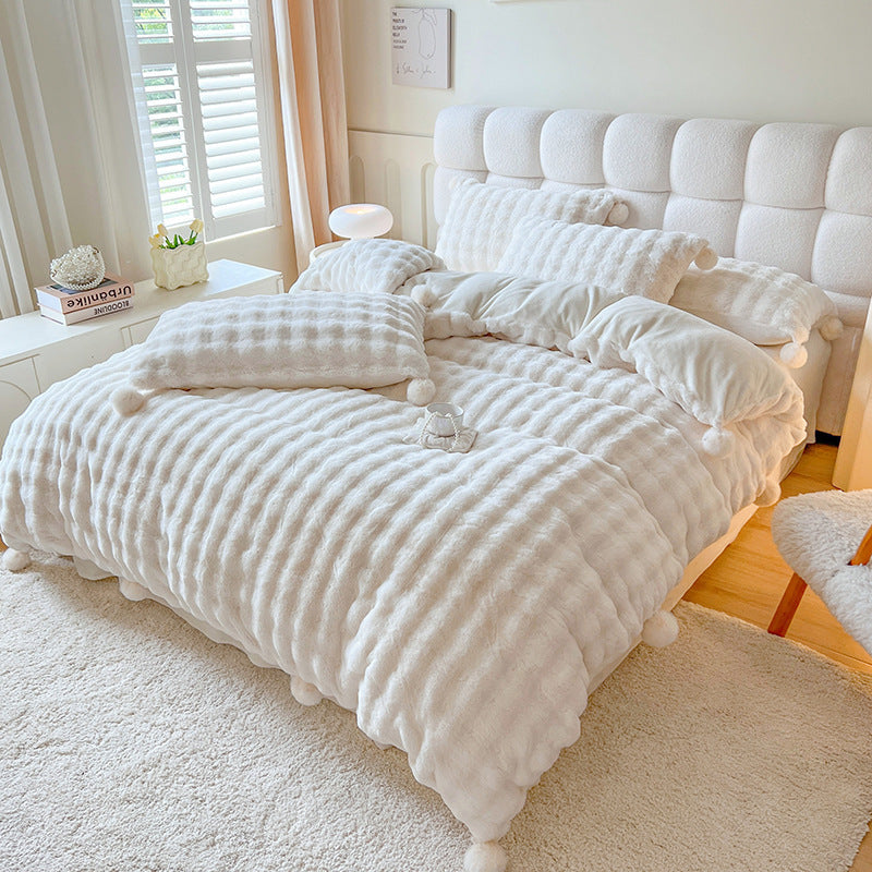 Fluffy milk fiber fleece bedding set with pom-poms
