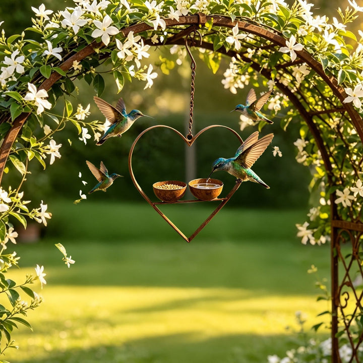 Heart-shaped bird feeder made of metal with two bowls