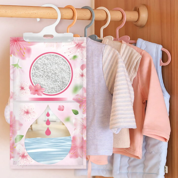 Scented hanging dehumidifier bag for wardrobes