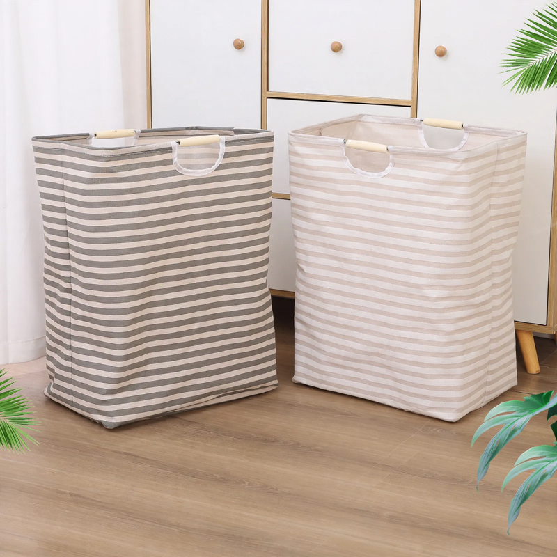 Collapsible laundry basket, cotton-linen, with wooden handles