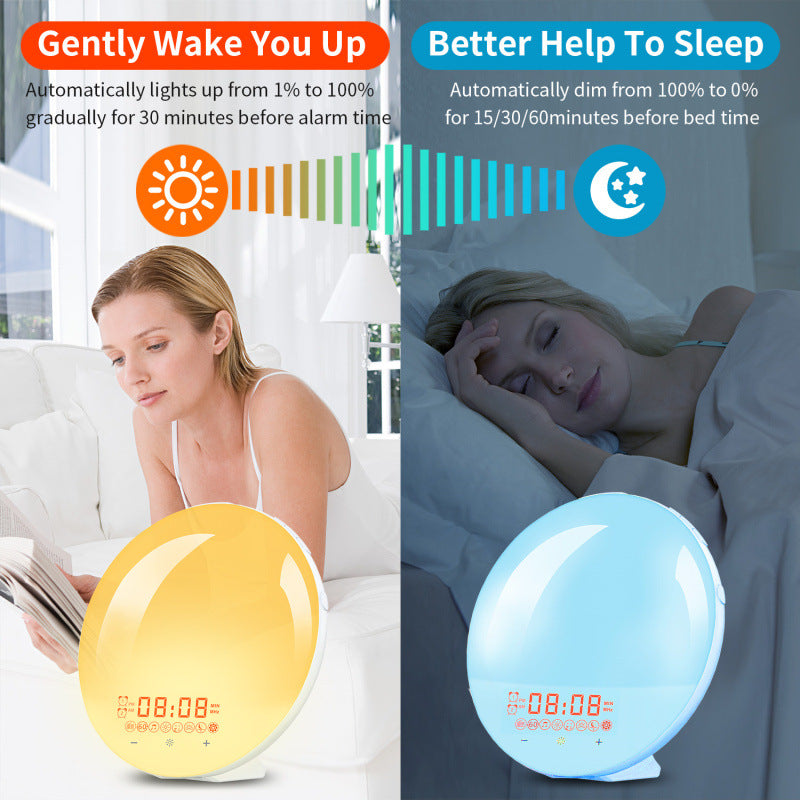 LED alarm clock with wood look and sunrise simulation