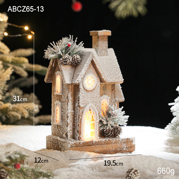 Illuminated wooden Christmas house in European retro style