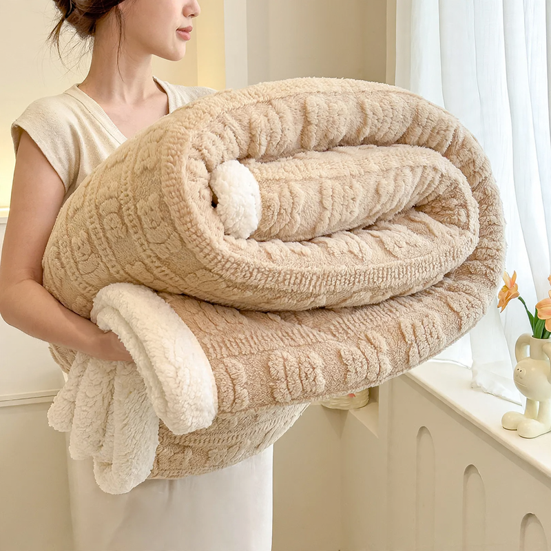Jacquard sofa blanket with lamb fleece imitation, double-layered