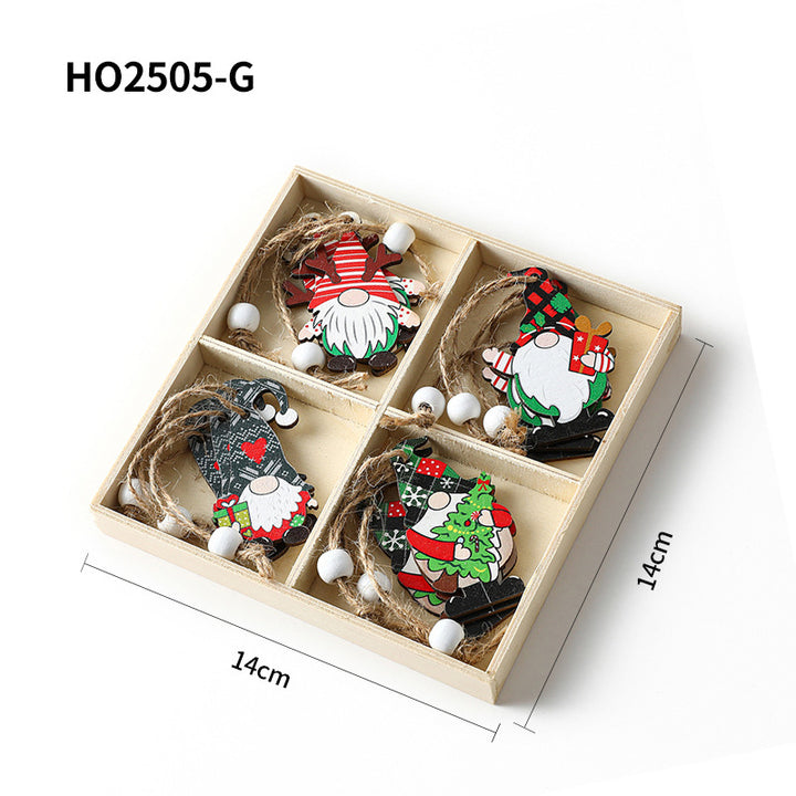 Christmas wooden pendant set, 4-piece box with gnome motifs