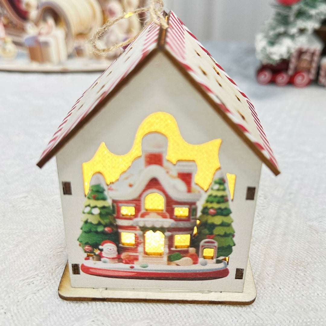 Illuminated Christmas wooden house in Scandinavian style