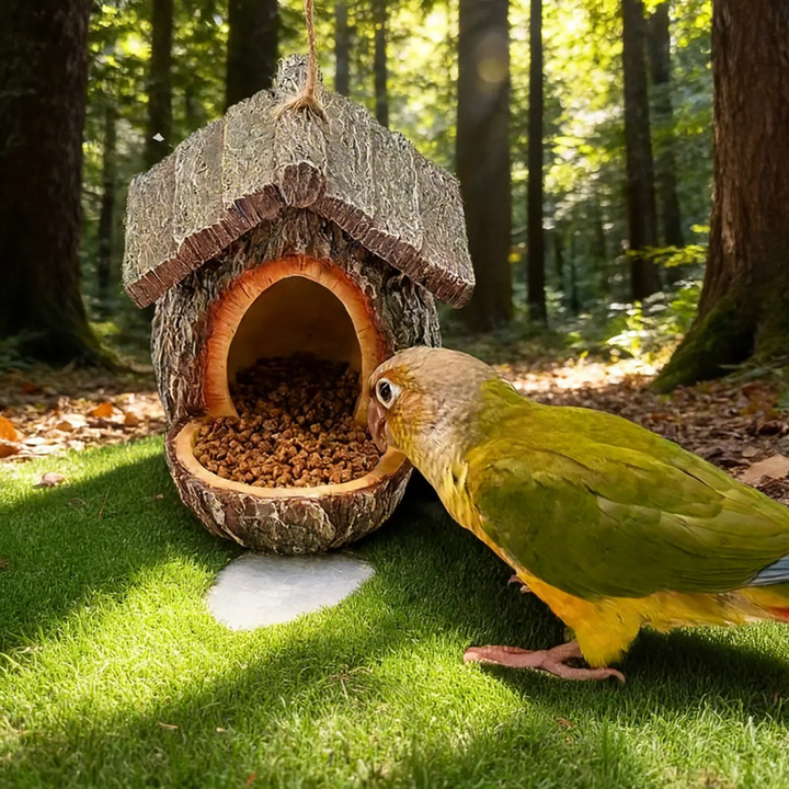 Decorative birdhouse in stump tree look made of resin