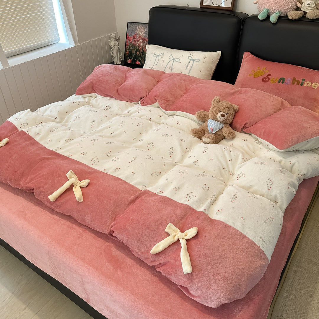Milk fiber fleece bedding set with bow design