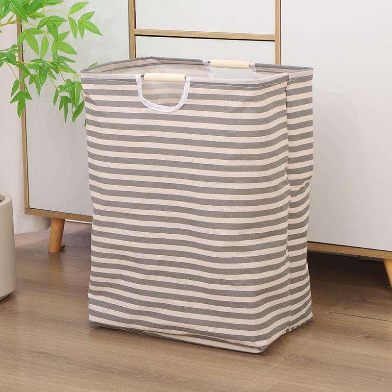 Collapsible laundry basket, cotton-linen, with wooden handles