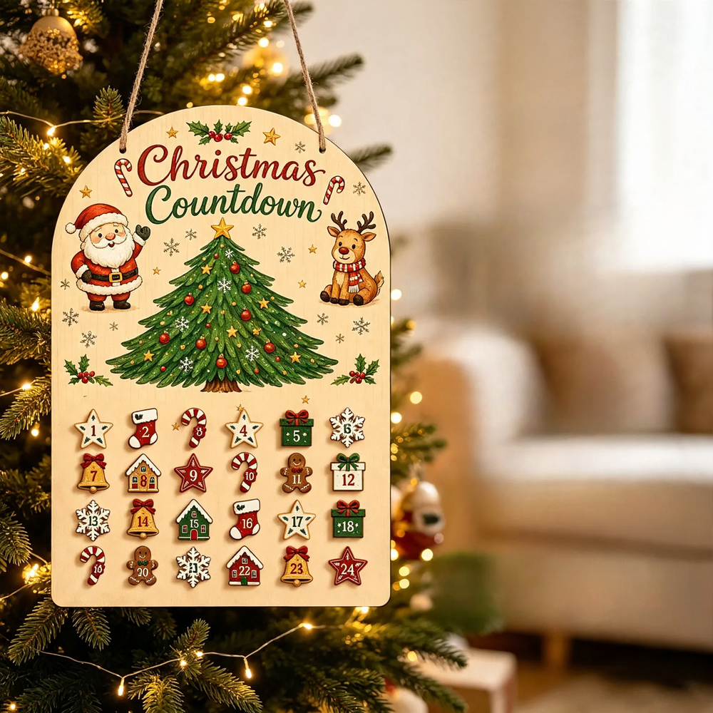 Wooden Advent calendar to hang with 24 elements