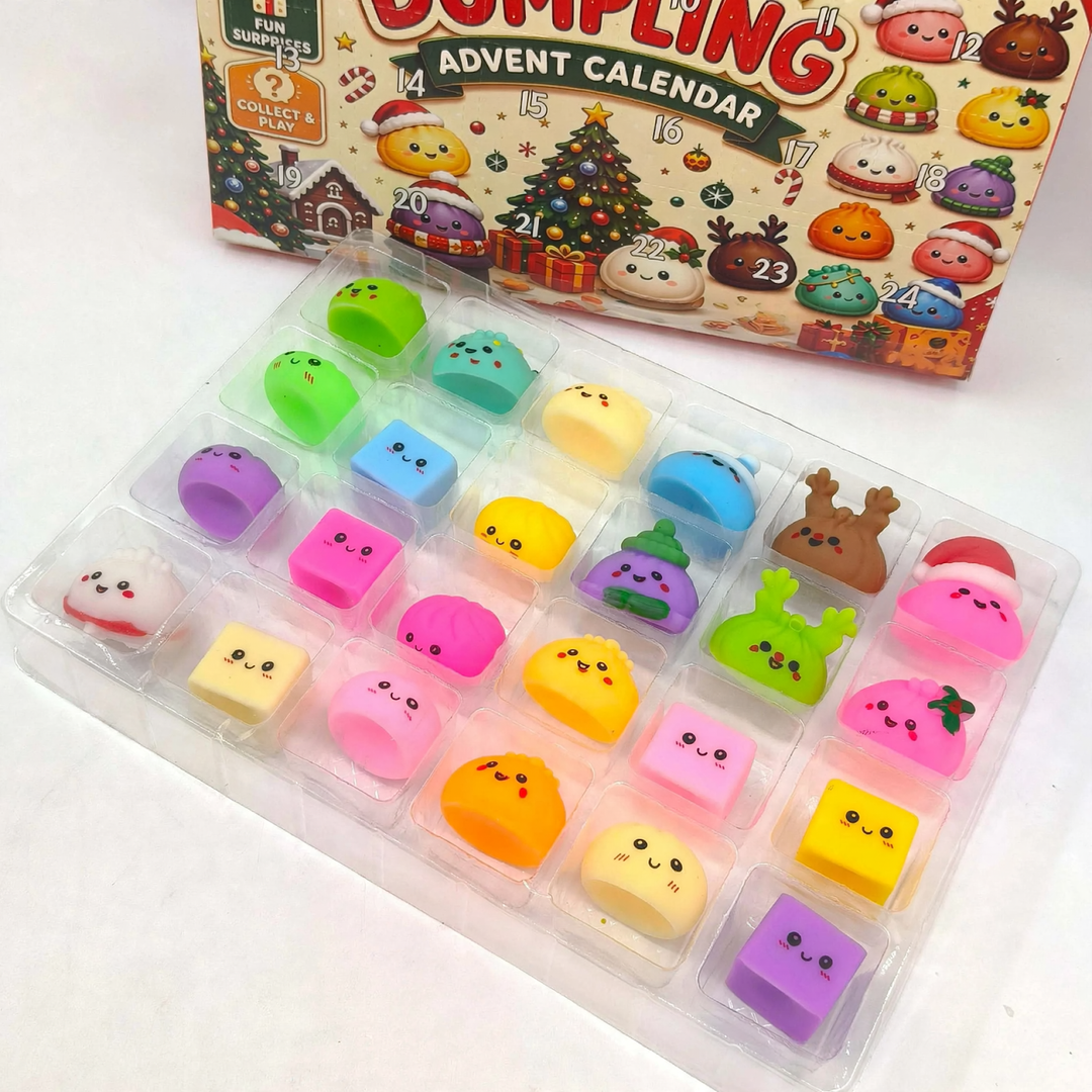 Advent calendar with 24 squishy figures in fruit and vegetable shapes