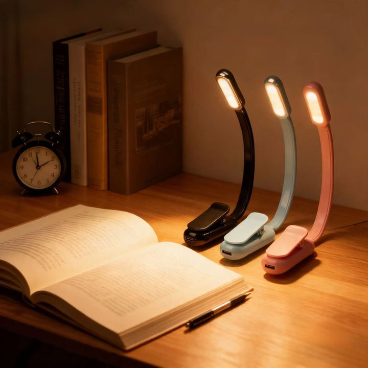 Mini LED clamp light with three brightness levels and USB charging