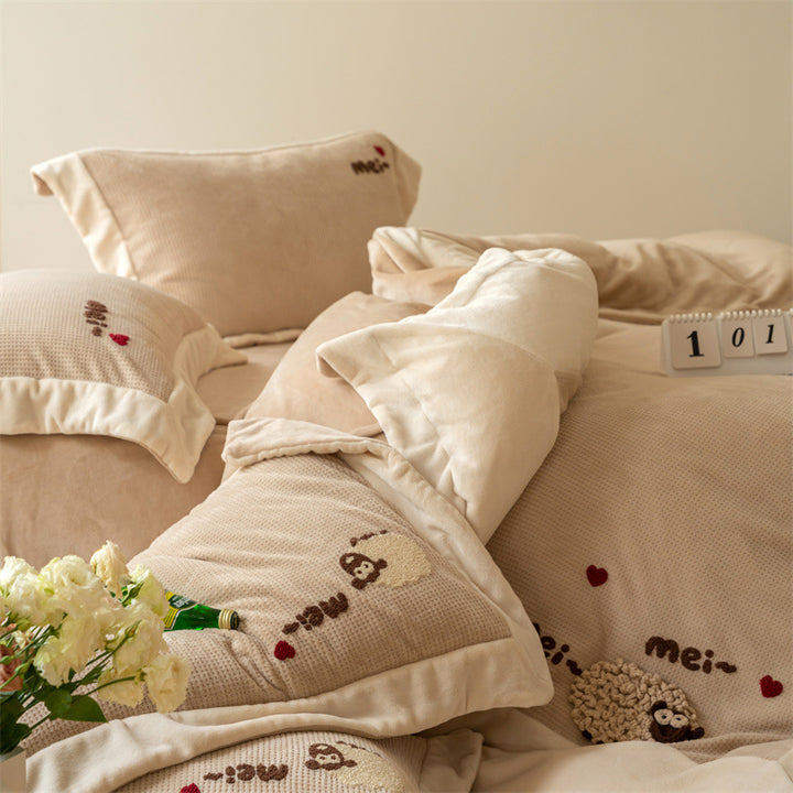 Milk fiber fleece bedding set, waffle texture, 4-piece