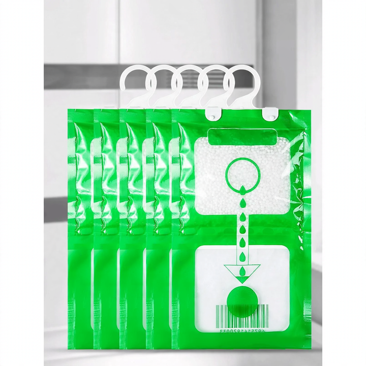 Hanging dehumidifying bag for wardrobes