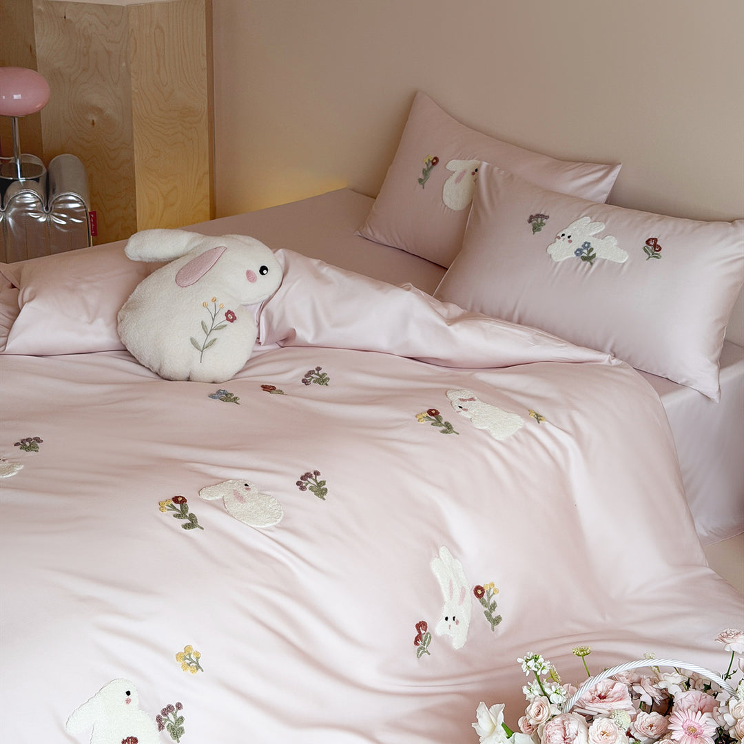 Cotton bedding set, 4-piece, rabbit motif