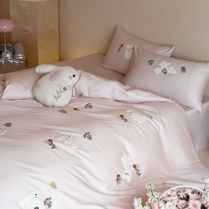 Cotton bedding set, 4-piece, rabbit motif