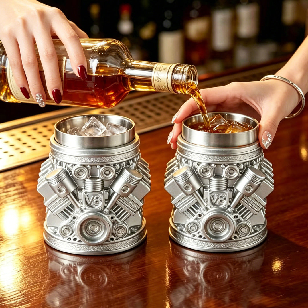 Stainless steel cup with engine design