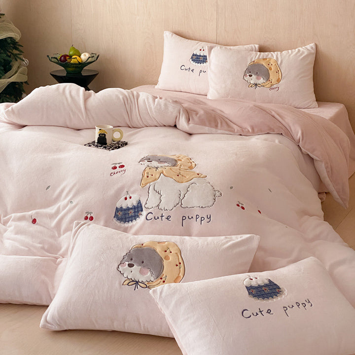 Milk fiber fleece bedding set, cartoon design, warm