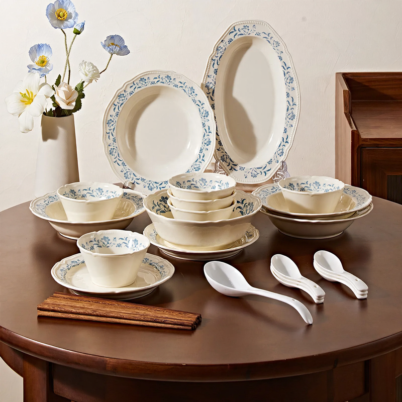 Ceramic dish set, floral pattern, Japanese style