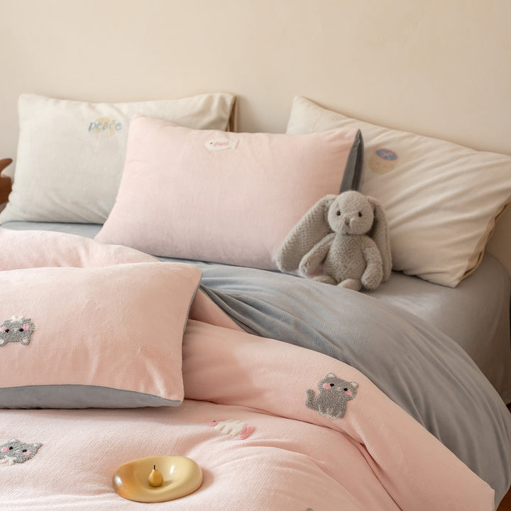 Cartoon-milk fiber bedding set, 4-piece, warming