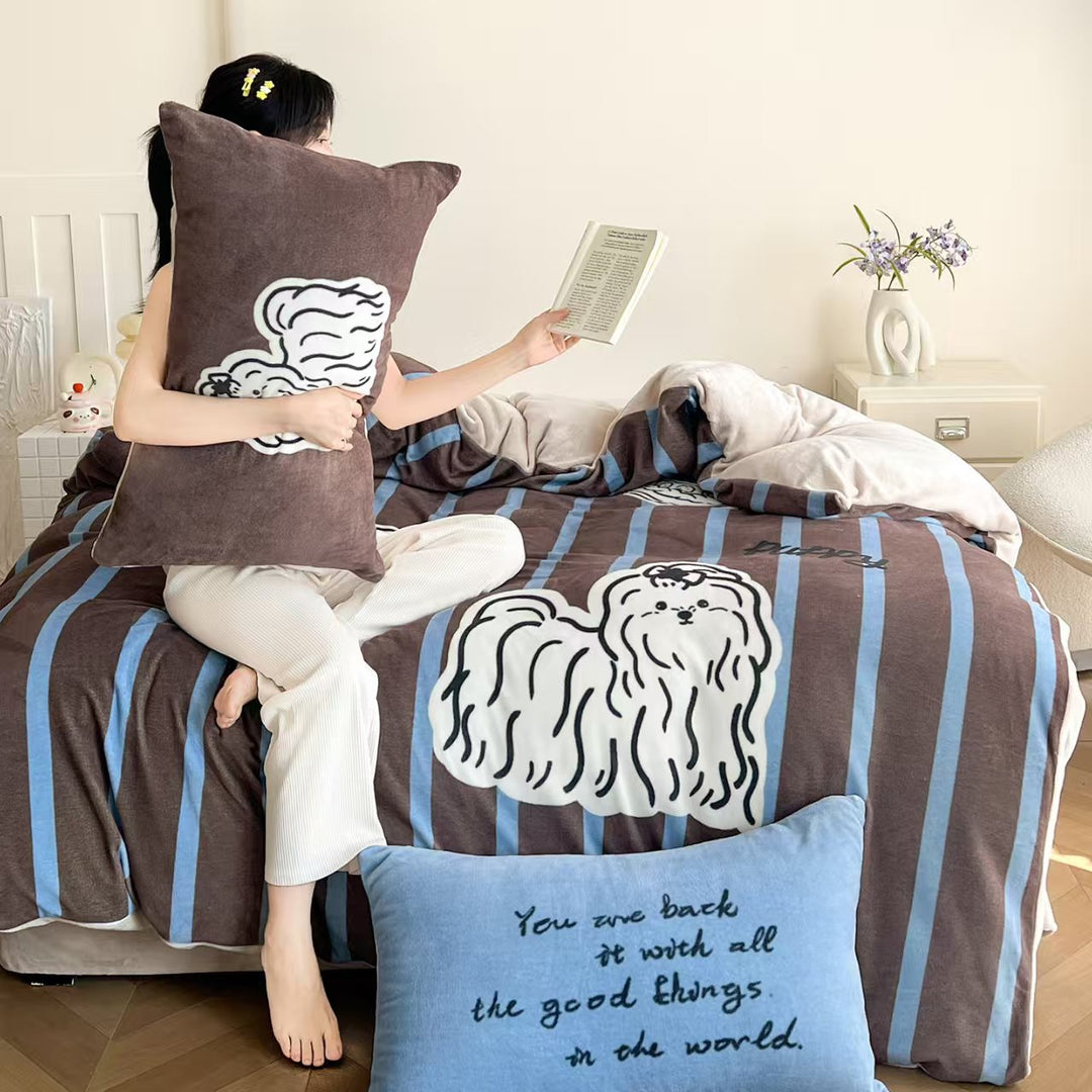 Milk fleece bedding set, cartoon design, warm