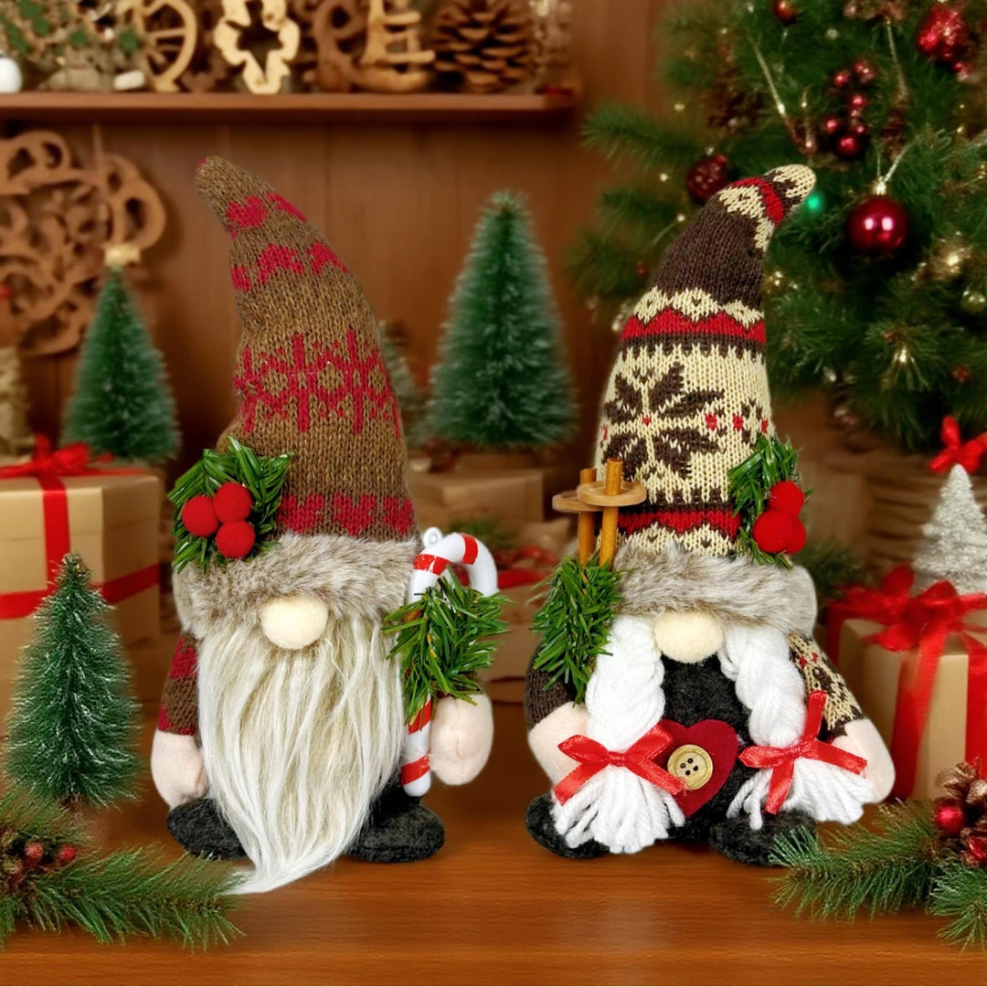 Christmas Elf Figurine with Knit Hat and Pine Branch