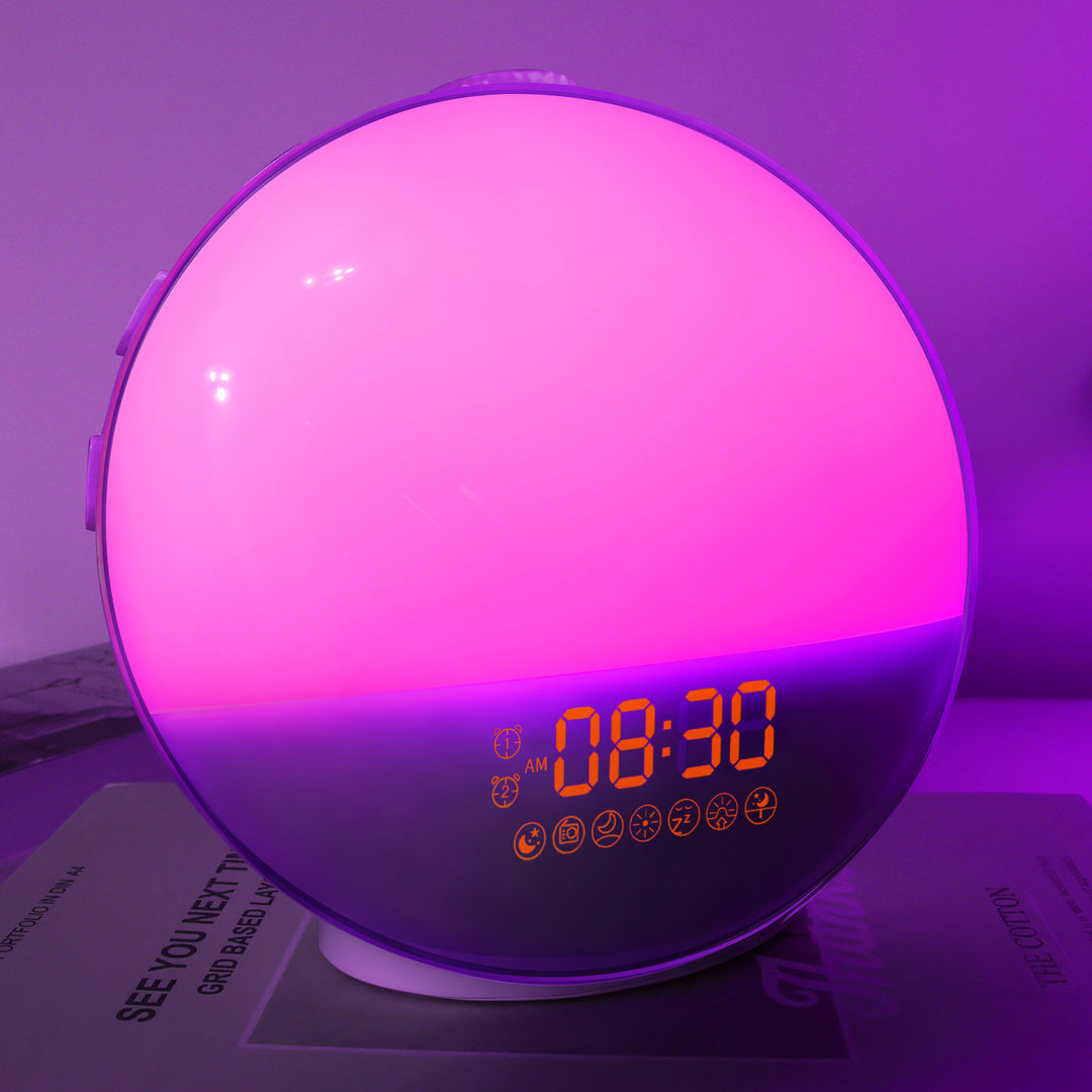 LED alarm clock with sunrise simulation and RGB night light