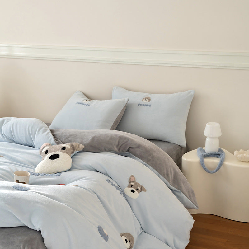 Cartoon-milk fiber bedding set, 4-piece, warming